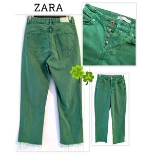 Zara High Waist Straight Leg Jeans Sz 2 Green 100% Cotton Button Fly Raw Hem